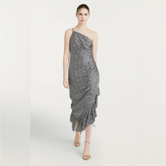 NWT Cinq a Sept Silk Christel Ruched One Shoulder White Navy Midi Dress - Picture 3 of 9